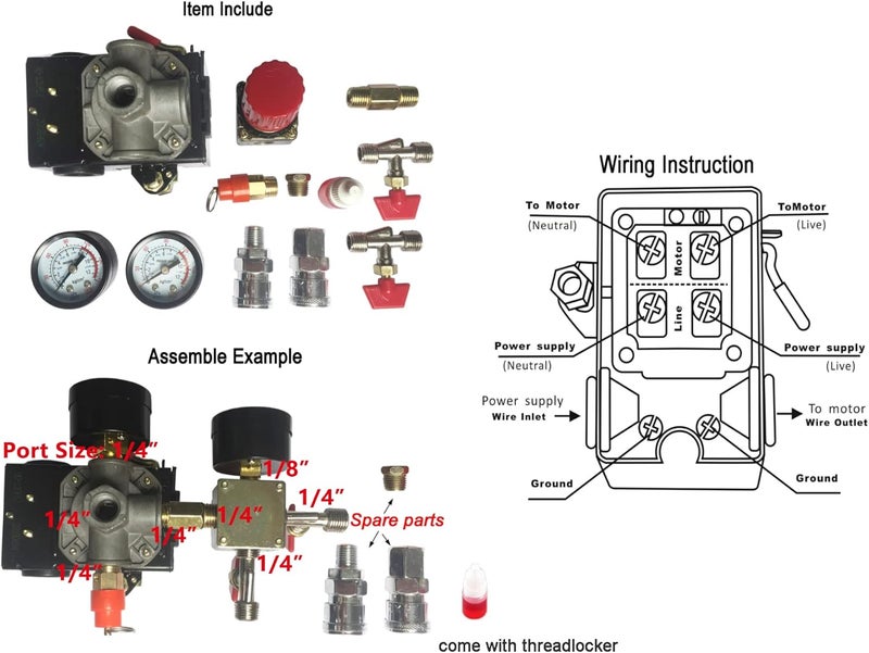 Secbolt Pressure Switch Manifold Regulator Gauges Air Compressor Pressure Switch Control Valve 90-120PSI (American Pattern) - Image 3